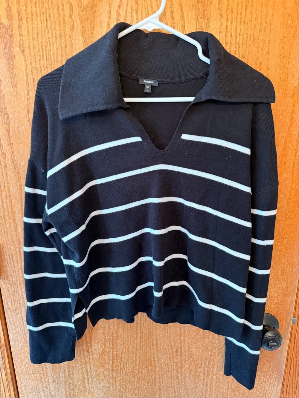 Express Black V‑Neck Collared Sweater with White Stripes